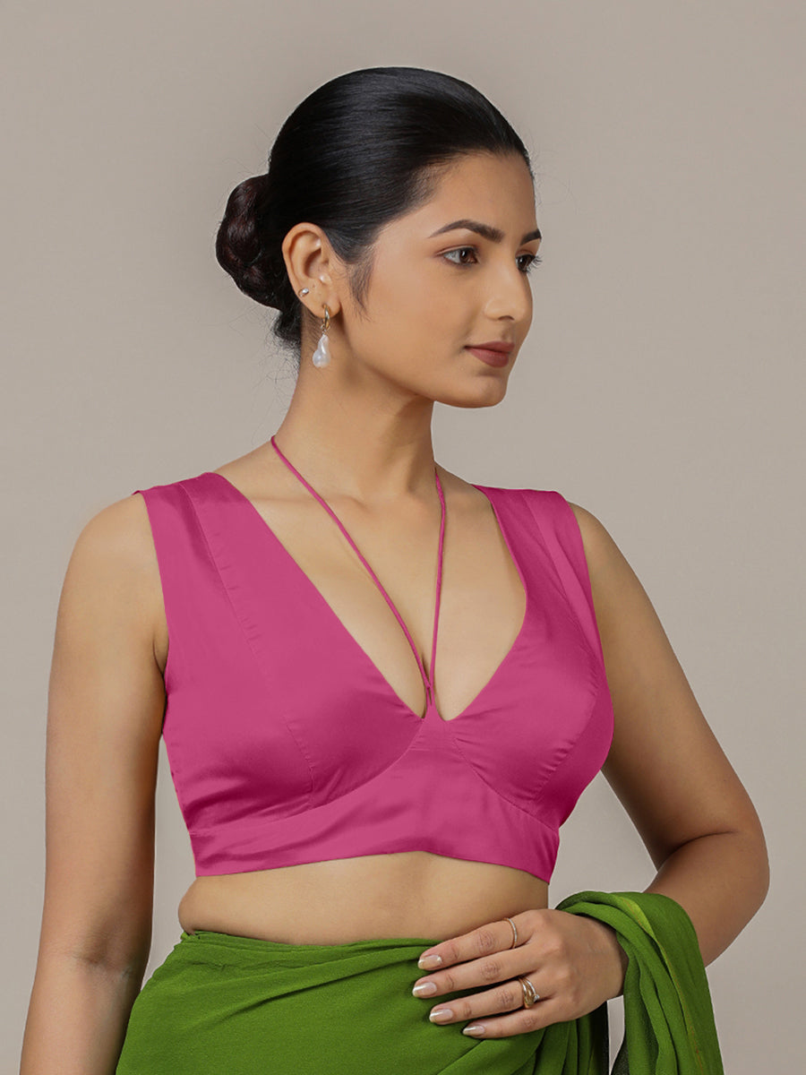 Ahana x Rozaana Saree Blouse, in Pink Artificial Silk, featuring sleeveless and tie-up neckline, made for party & festive.