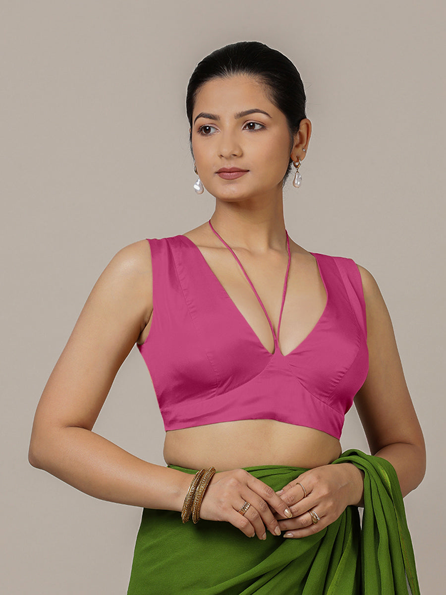 Ahana x Rozaana Saree Blouse, in Pink Artificial Silk, featuring sleeveless and tie-up neckline, made for party & festive.