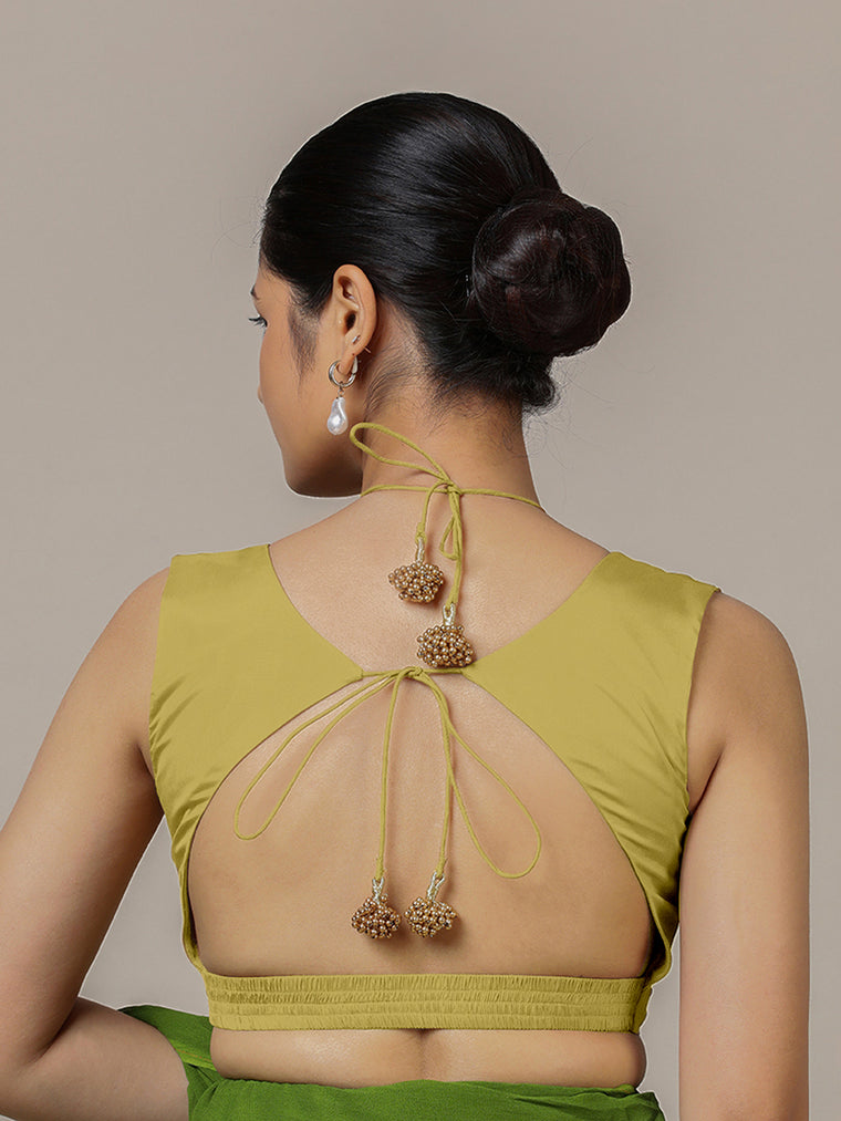 Ahana x Rozaana Saree Blouse, in Yellow Vegan Silk, featuring sleeveless and tie-up neckline, made for party & festive (view 2).