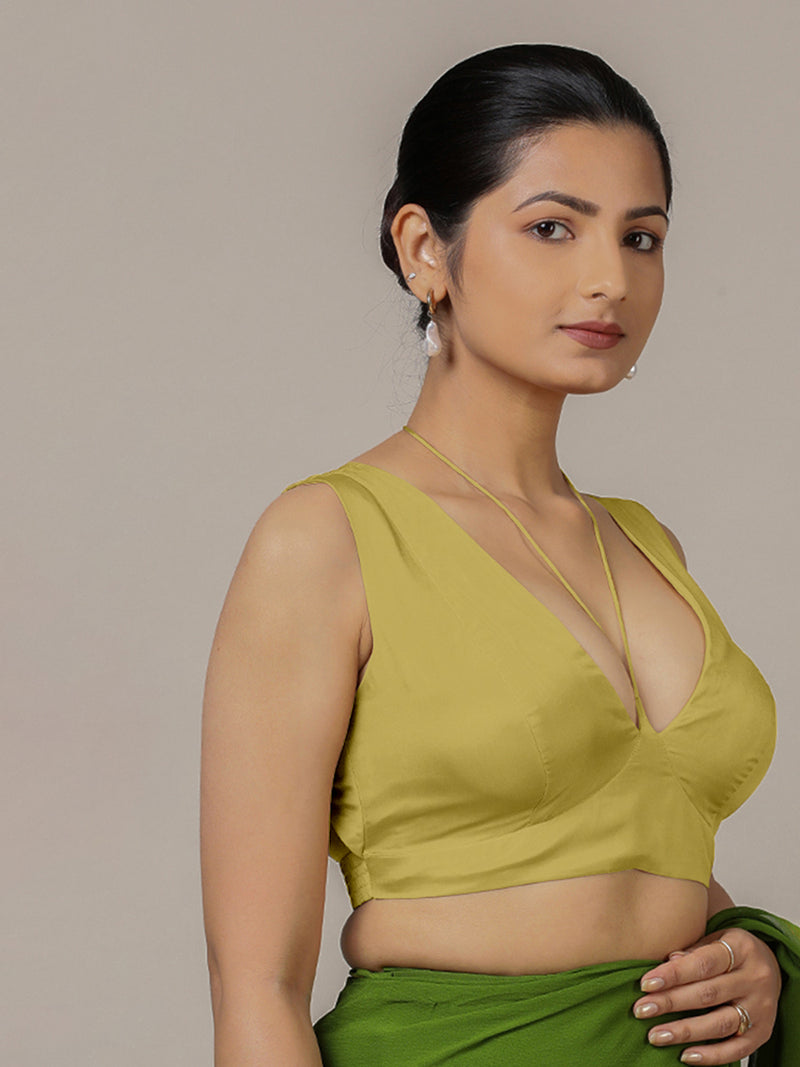 Ahana x Rozaana | Lemon Yellow Sleeveless FlexiFit™ Saree Blouse with Plunging Neckline and Back Cut Out with Tie-up-Binks