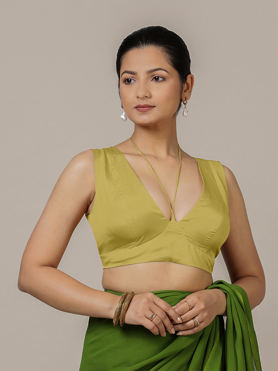Ahana x Rozaana Saree Blouse, in Yellow Vegan Silk, featuring sleeveless and tie-up neckline, made for party & festive (view 6).