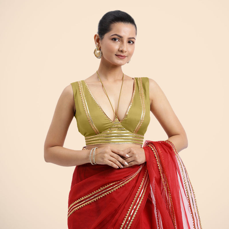Ahana x Tyohaar | Lemon Yellow Sleeveless FlexiFit™ Saree Blouse with Plunging Neckline and Back Cut Out with Tasteful Golden Gota Lace Embellishment-Binks