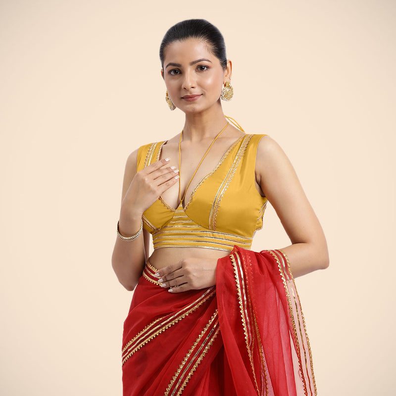 Ahana x Tyohaar | Sleeveless Marigold Yellow FlexiFit™ Gota Embellished Saree Blouse with Tie-Up Neck-Binks