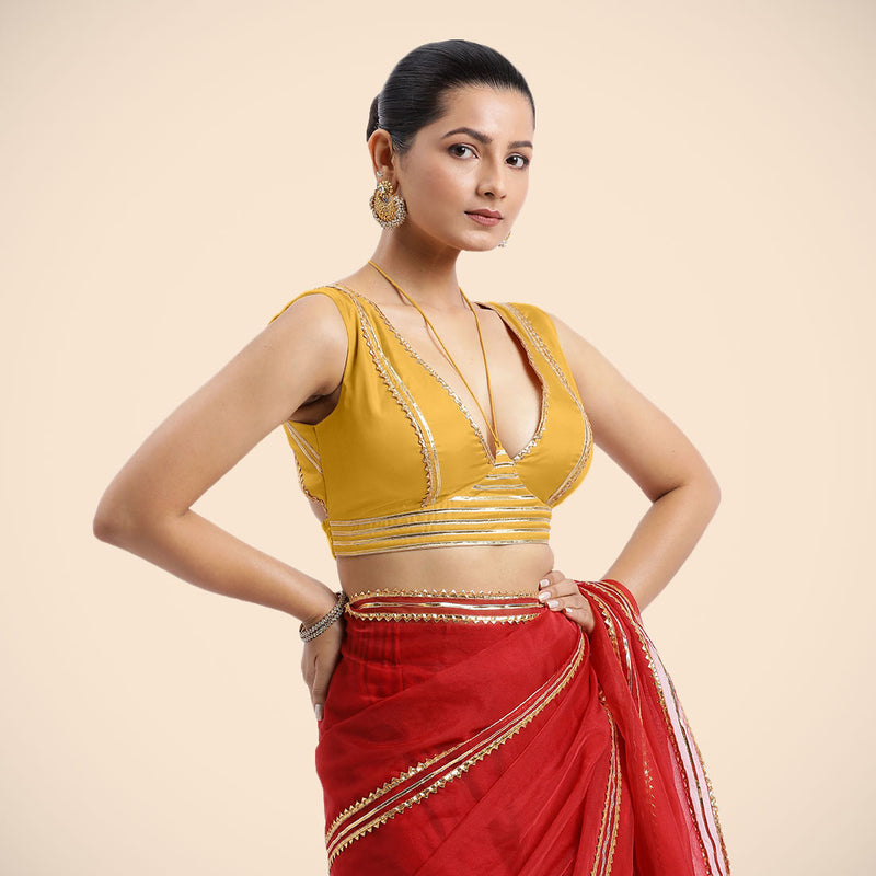 Ahana x Tyohaar | Sleeveless Marigold Yellow FlexiFit™ Gota Embellished Saree Blouse with Tie-Up Neck-Binks