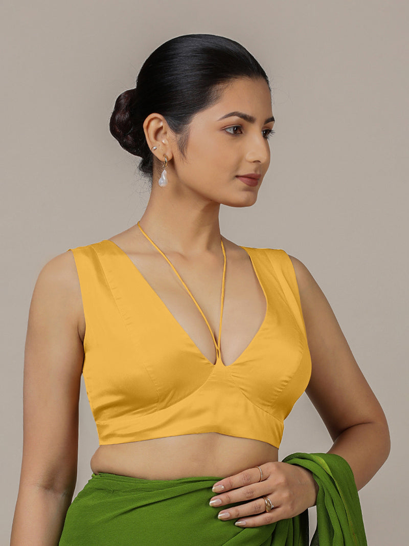 Ahana x Rozaana | Sleeveless Marigold Yellow FlexiFit™ Saree Blouse with Tie-Up Neck-Binks