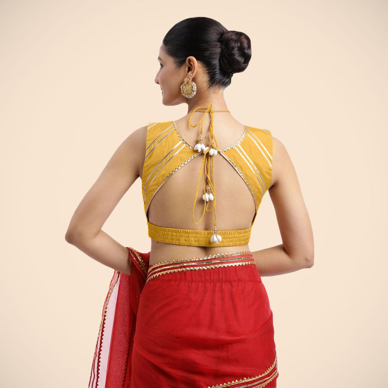 Ahana x Tyohaar | Sleeveless Marigold Yellow FlexiFit™ Gota Embellished Saree Blouse with Tie-Up Neck-Binks