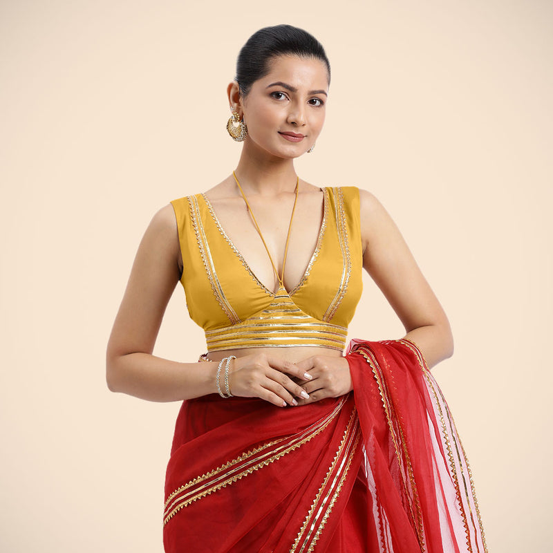 Ahana x Tyohaar | Sleeveless Marigold Yellow FlexiFit™ Gota Embellished Saree Blouse with Tie-Up Neck-Binks