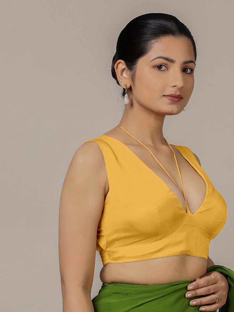 Ahana x Rozaana | Sleeveless Marigold Yellow FlexiFit™ Saree Blouse with Tie-Up Neck-Binks