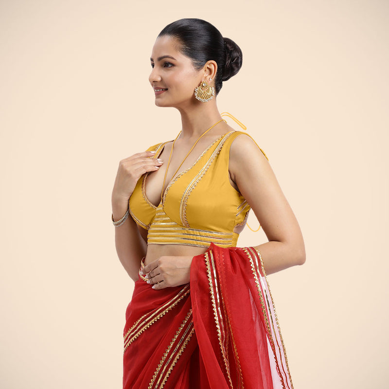 Ahana x Tyohaar | Sleeveless Marigold Yellow FlexiFit™ Gota Embellished Saree Blouse with Tie-Up Neck-Binks
