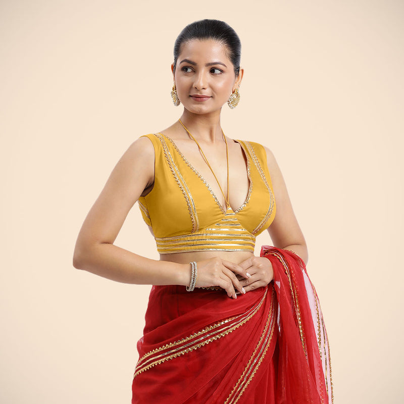 Ahana x Tyohaar | Sleeveless Marigold Yellow FlexiFit™ Gota Embellished Saree Blouse with Tie-Up Neck-Binks