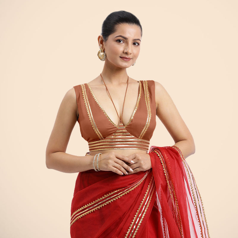 Ahana x Tyohaar | Metallic Copper Sleeveless FlexiFit™ Saree Blouse with Plunging Neckline and Back Cut Out with Tasteful Golden Gota Lace Embellishment-Binks