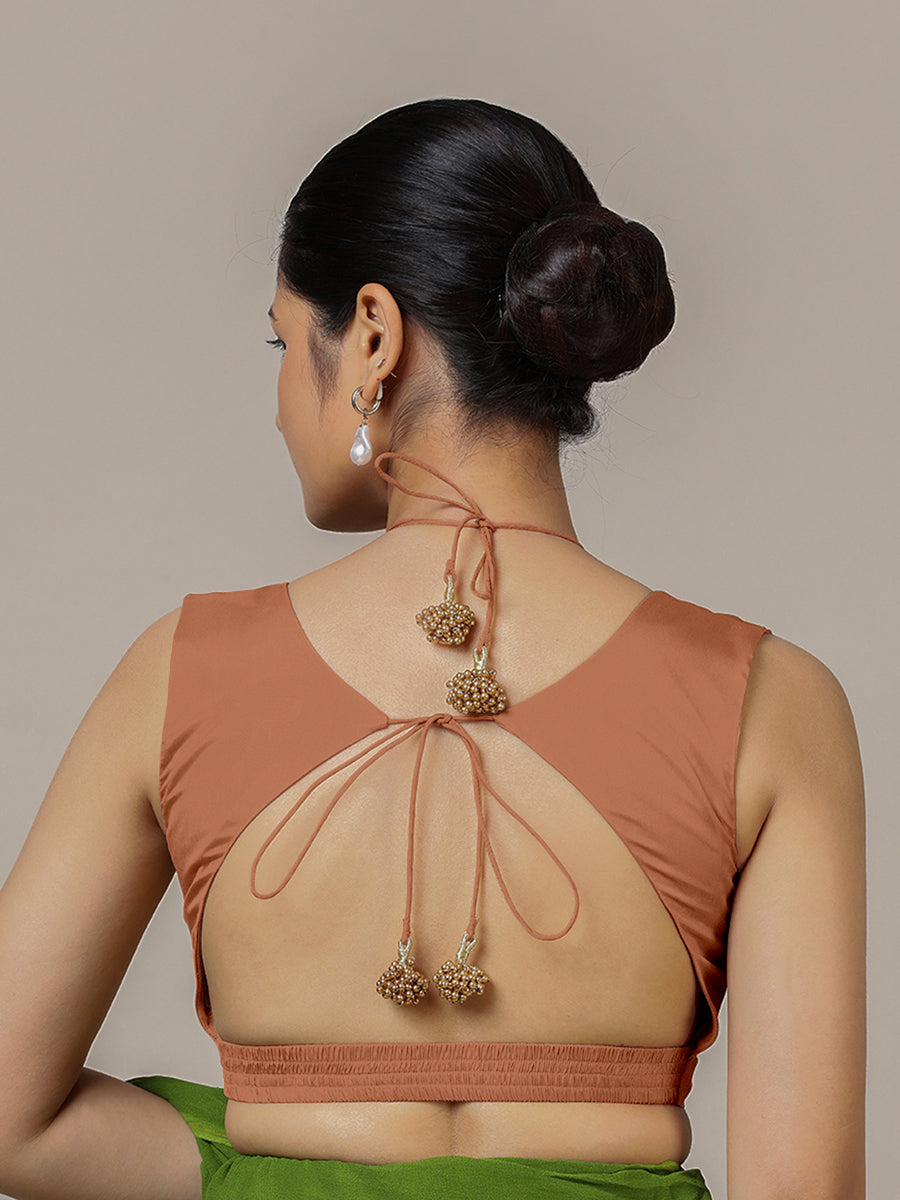 Ahana x Rozaana Saree Blouse, in Copper Vegan Silk, featuring sleeveless and tie-up neckline, made for party & festive (view 2).