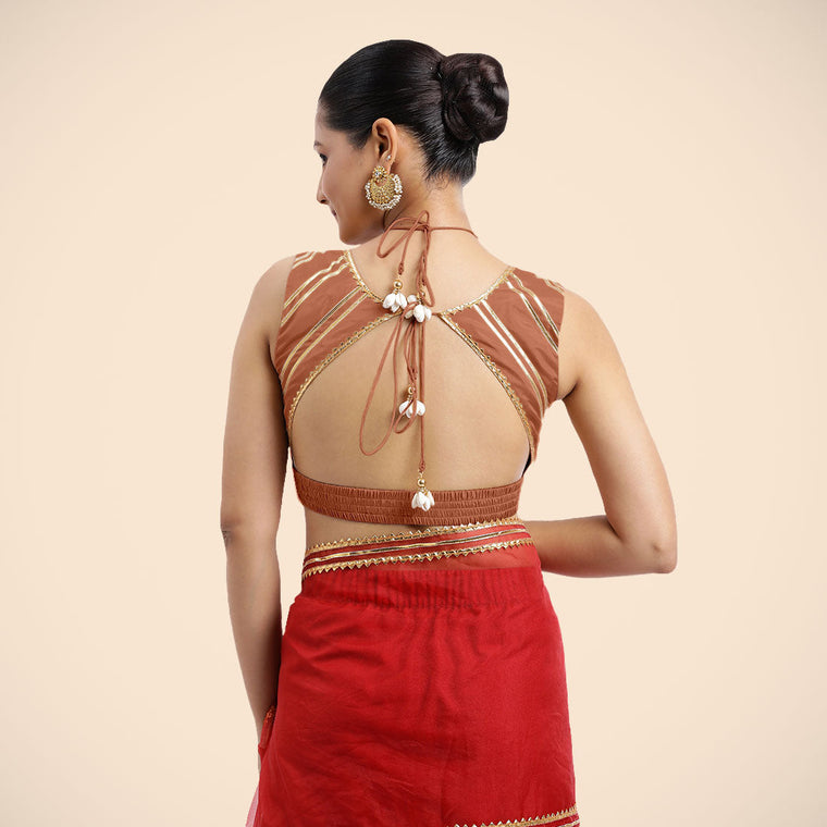 Ahana x Tyohaar Saree Blouse, in Copper Vegan Silk, featuring sleeveless and tie-up neckline, made for party & festive (view 2).