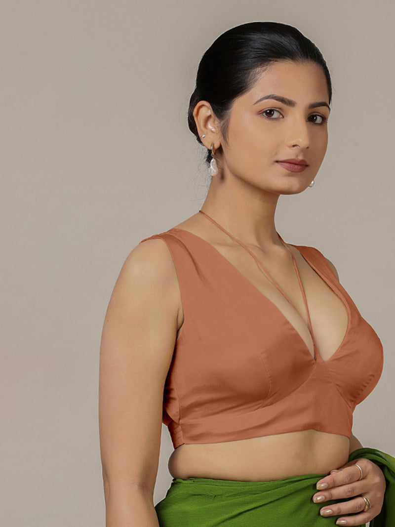 Ahana x Rozaana | Metallic Copper Sleeveless FlexiFit™ Saree Blouse with Plunging Neckline and Back Cut Out with Tie-up-Binks