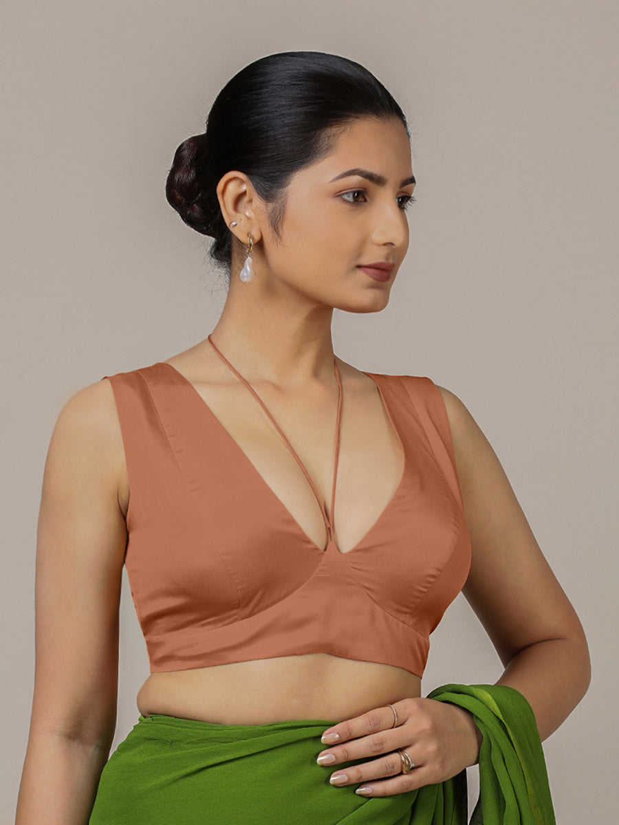 Ahana x Rozaana Saree Blouse, in Copper Vegan Silk, featuring sleeveless and tie-up neckline, made for party & festive (view 5).