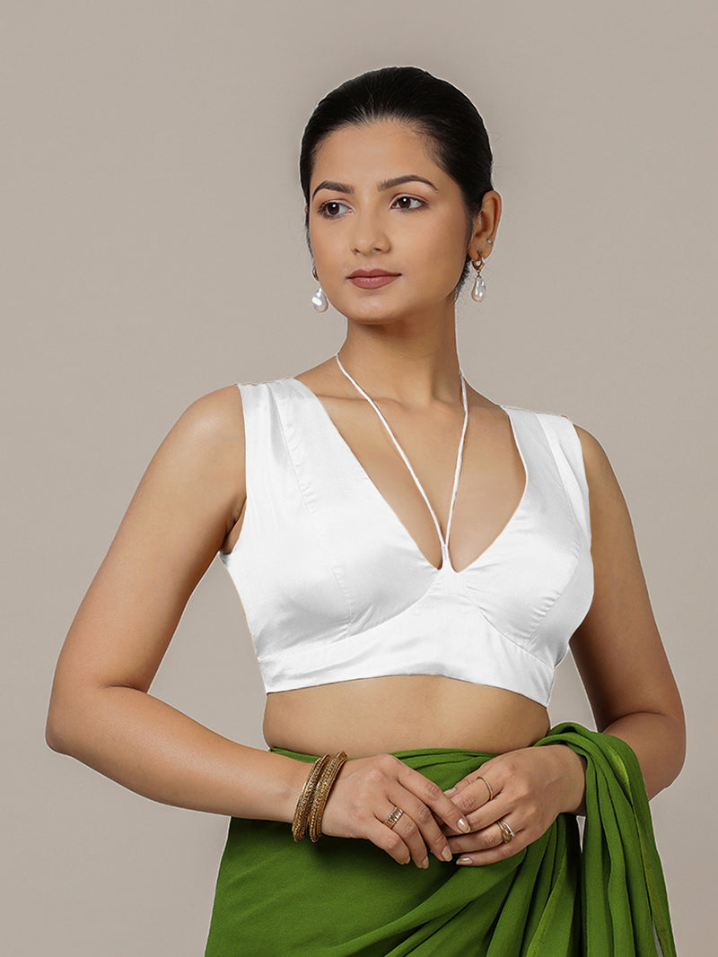 Ahana x Rozaana | Pearl White Sleeveless FlexiFit™ Saree Blouse with Plunging Neckline and Back Cut Out with Tie-up-Binks