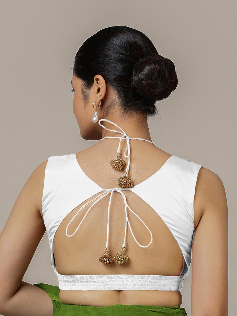Ahana x Rozaana | Pearl White Sleeveless FlexiFit™ Saree Blouse with Plunging Neckline and Back Cut Out with Tie-up-Binks