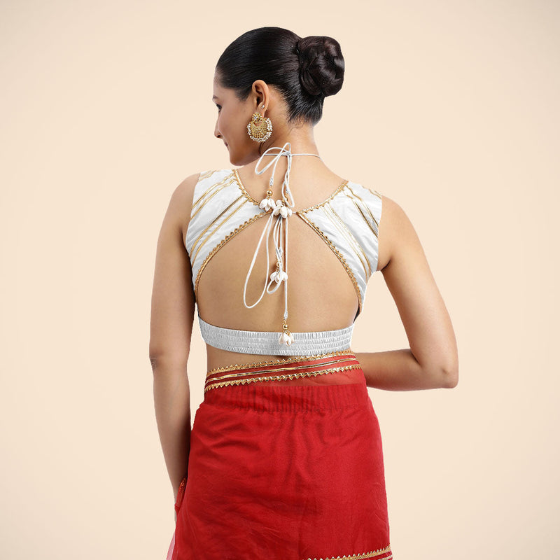 Ahana x Tyohaar | Pearl White Sleeveless FlexiFit™ Saree Blouse with Plunging Neckline and Back Cut Out with Tasteful Golden Gota Lace Embellishment-Binks