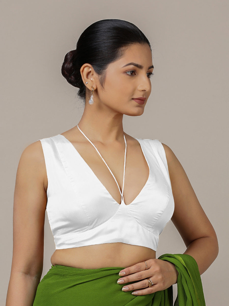 Ahana x Rozaana Saree Blouse, in White Vegan Silk, featuring sleeveless and tie-up neckline, made for party & festive (view 6).