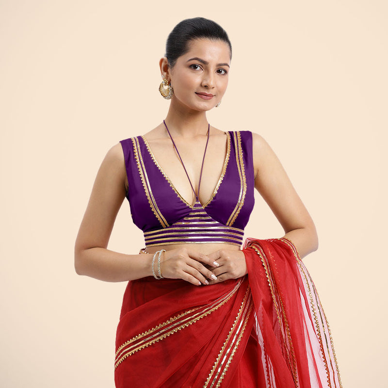 Ahana x Tyohaar | Purple Sleeveless FlexiFit™ Saree Blouse with Plunging Neckline and Back Cut Out with Tasteful Golden Gota Lace Embellishment-Binks