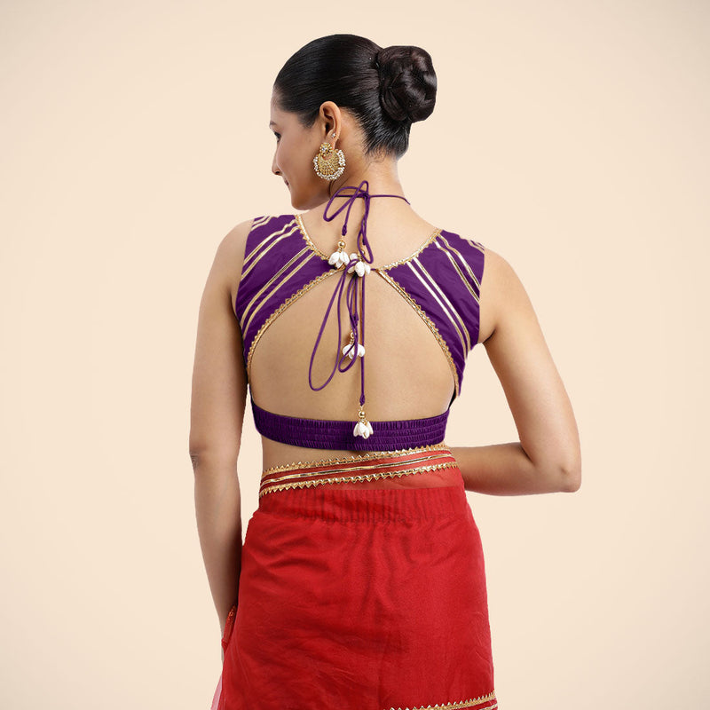 Ahana x Tyohaar | Purple Sleeveless FlexiFit™ Saree Blouse with Plunging Neckline and Back Cut Out with Tasteful Golden Gota Lace Embellishment-Binks
