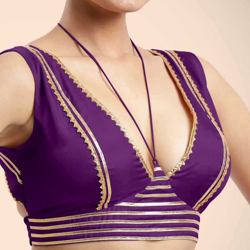 Ahana x Tyohaar | Purple Sleeveless FlexiFit™ Saree Blouse with Plunging Neckline and Back Cut Out with Tasteful Golden Gota Lace Embellishment-Binks