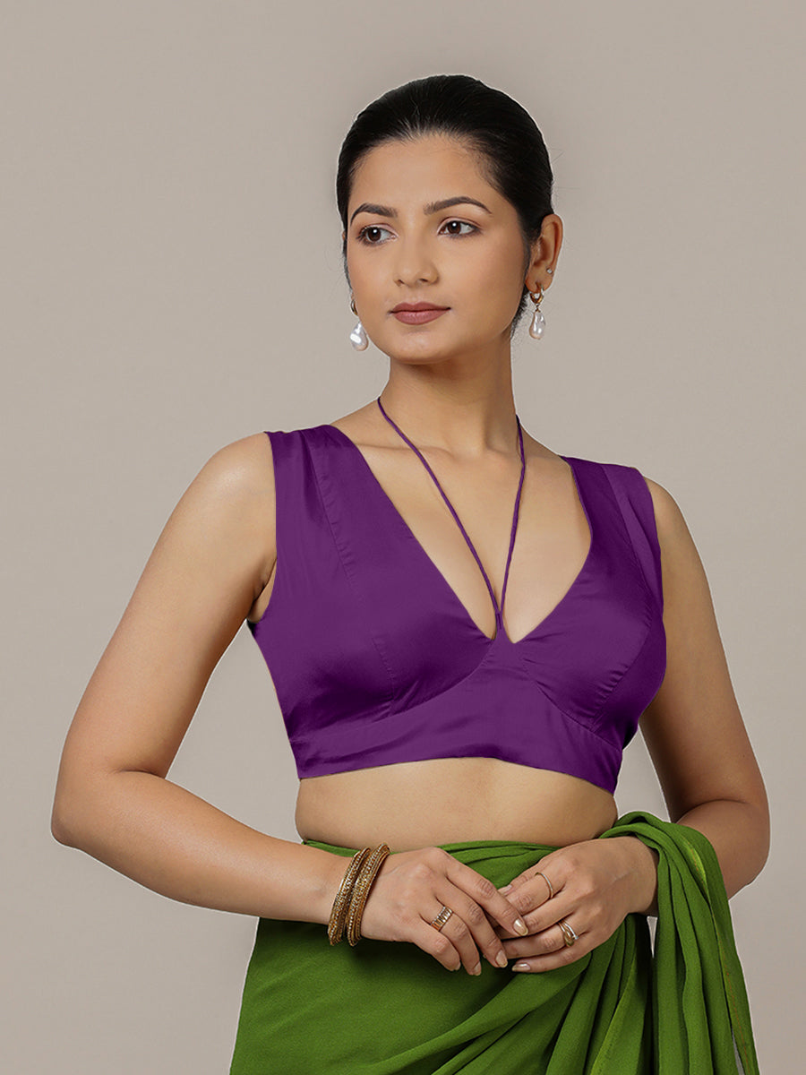Ahana x Rozaana Saree Blouse, in Purple Vegan Silk, featuring sleeveless and tie-up neckline, made for party & festive (view 6).