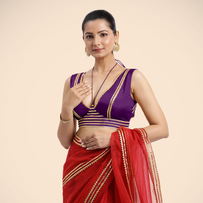 Ahana x Tyohaar | Purple Sleeveless FlexiFit™ Saree Blouse with Plunging Neckline and Back Cut Out with Tasteful Golden Gota Lace Embellishment-Binks