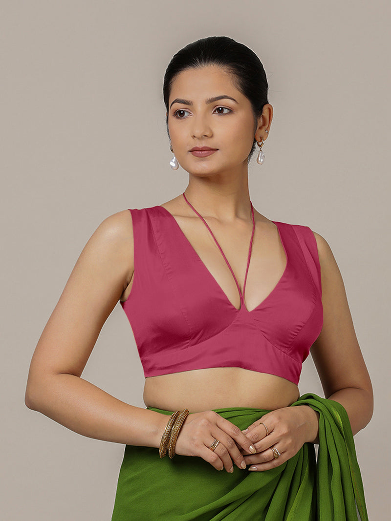 Ahana x Rozaana | Rani Pink Sleeveless FlexiFit™ Saree Blouse with Plunging Neckline and Back Cut Out with Tie-up-Binks
