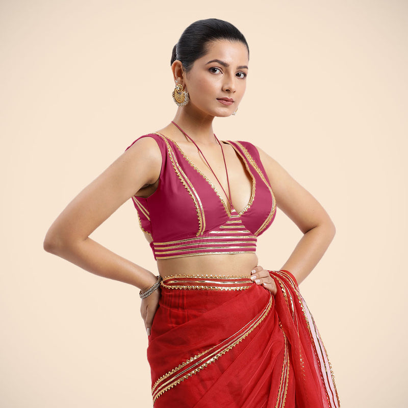 Ahana x Tyohaar | Rani Pink Sleeveless FlexiFit™ Saree Blouse with Plunging Neckline and Back Cut Out with Tasteful Golden Gota Lace Embellishment-Binks