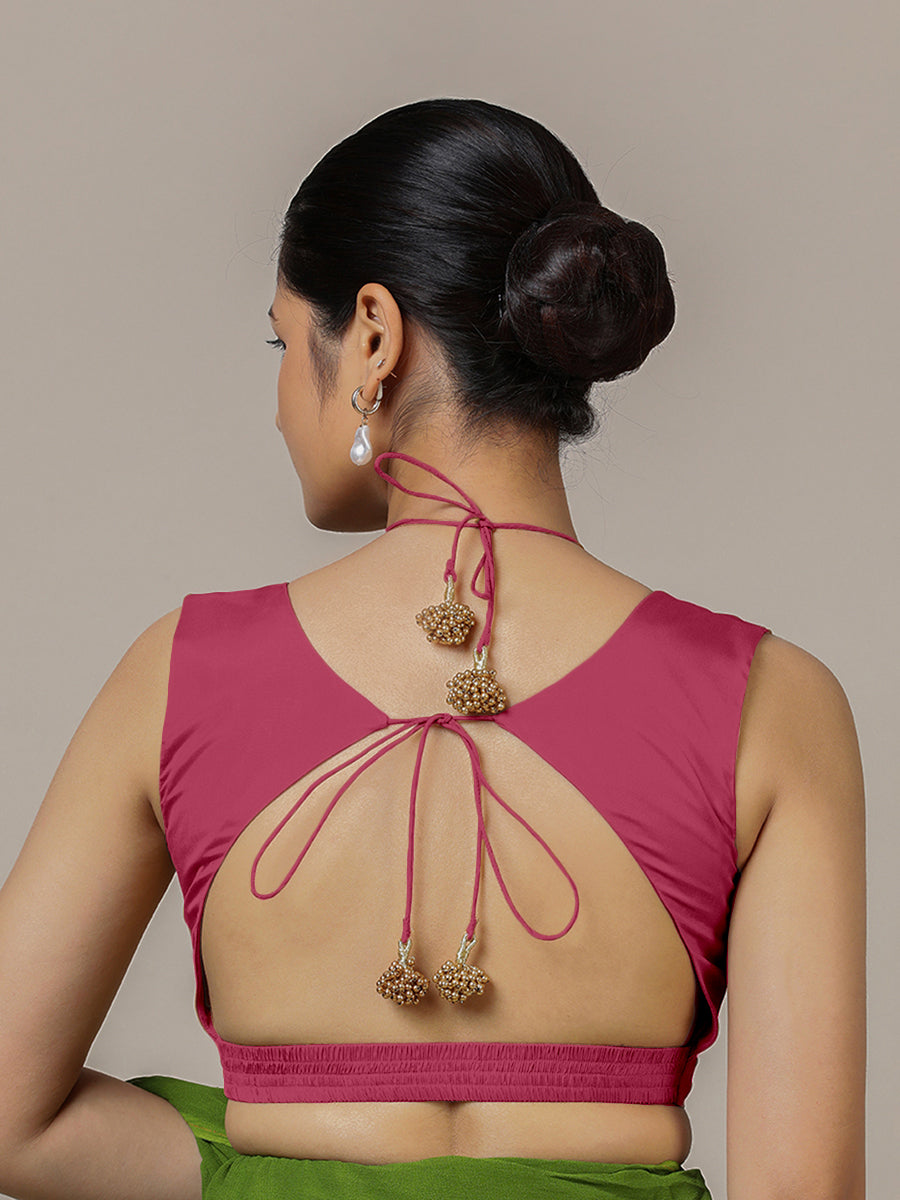 Ahana x Rozaana Saree Blouse, in Pink Vegan Silk, featuring sleeveless and tie-up neckline, made for party & festive (view 2).