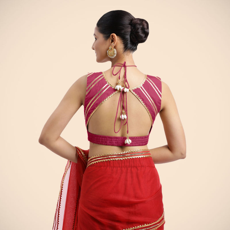 Ahana x Tyohaar | Rani Pink Sleeveless FlexiFit™ Saree Blouse with Plunging Neckline and Back Cut Out with Tasteful Golden Gota Lace Embellishment-Binks