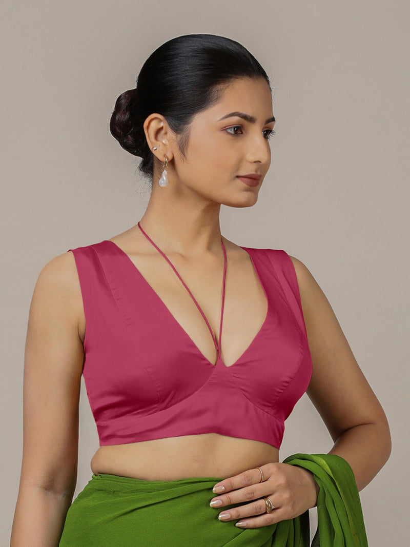 Ahana x Rozaana | Rani Pink Sleeveless FlexiFit™ Saree Blouse with Plunging Neckline and Back Cut Out with Tie-up-Binks