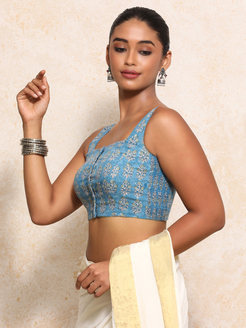 Akshita x Rozaana | Sleeveless Saree Blouse in Blue Garden Block Print Cotton-Binks