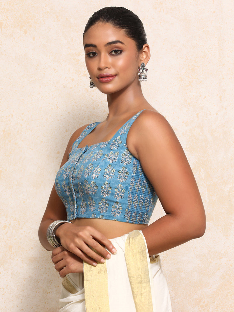 Akshita x Rozaana | Sleeveless Saree Blouse in Blue Garden Block Print Cotton-Binks