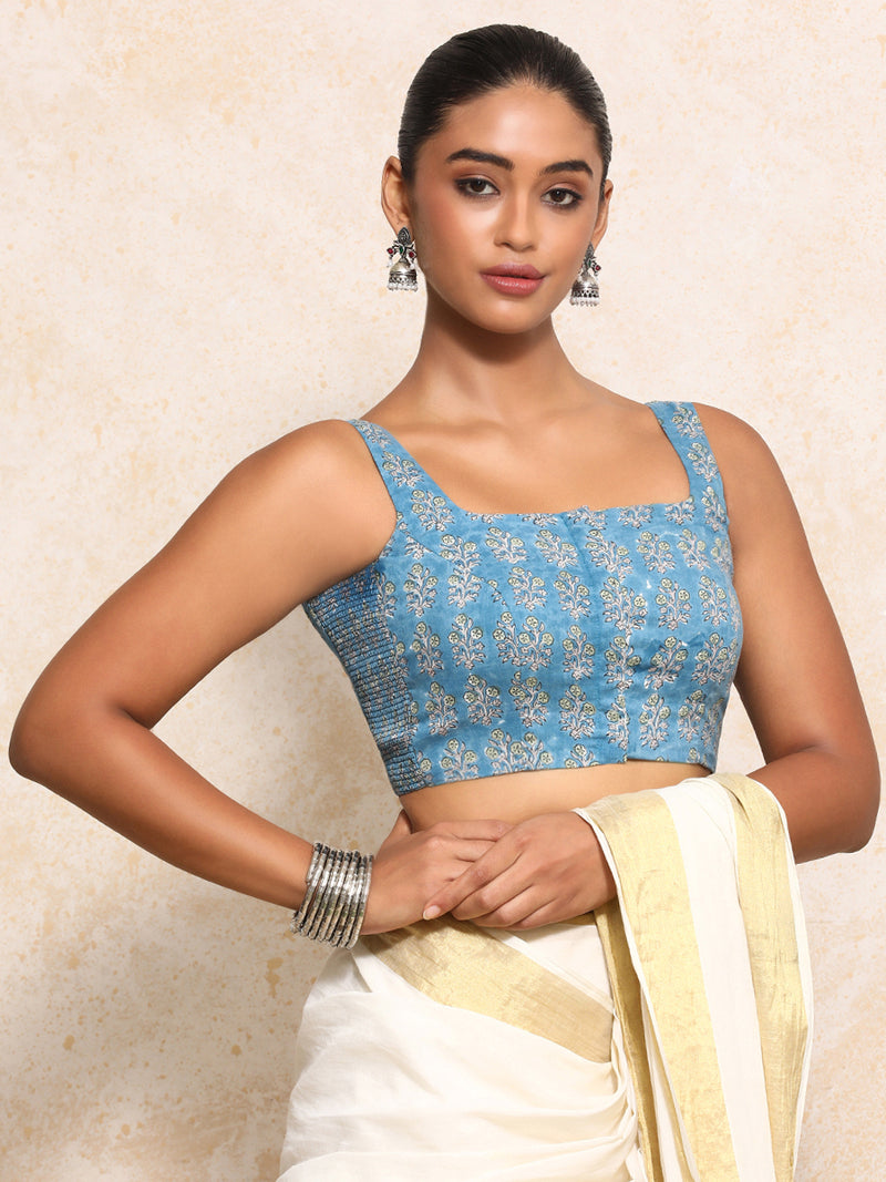 Akshita x Rozaana | Sleeveless Saree Blouse in Blue Garden Block Print Cotton-Binks