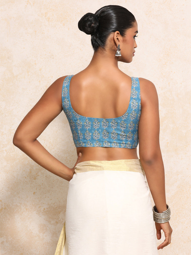 Akshita x Rozaana Saree Blouse, in Blue 100% Cotton - Block Printed, featuring sleeveless and round neckline (view 2).