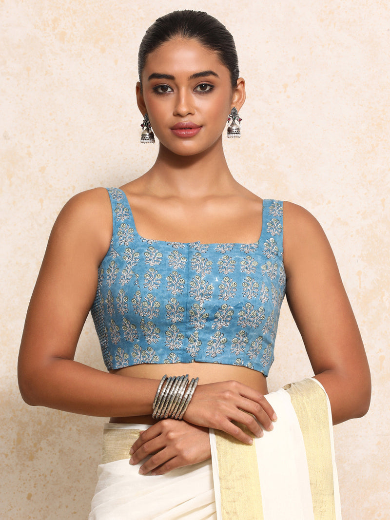 Akshita x Rozaana | Sleeveless Saree Blouse in Blue Garden Block Print Cotton-Binks