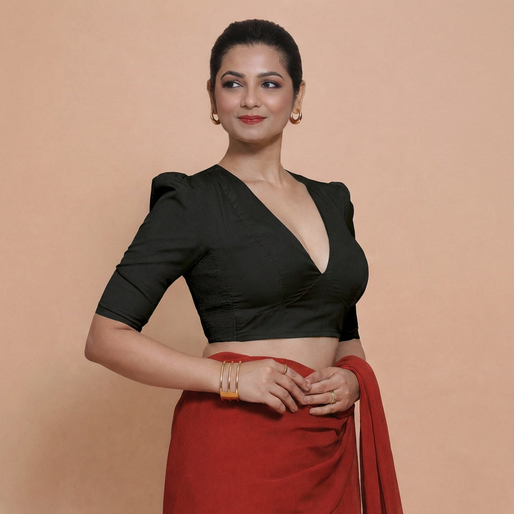 Alaya x Rozaana | Puff Sleeves Black Plain Cotton Saree Blouse