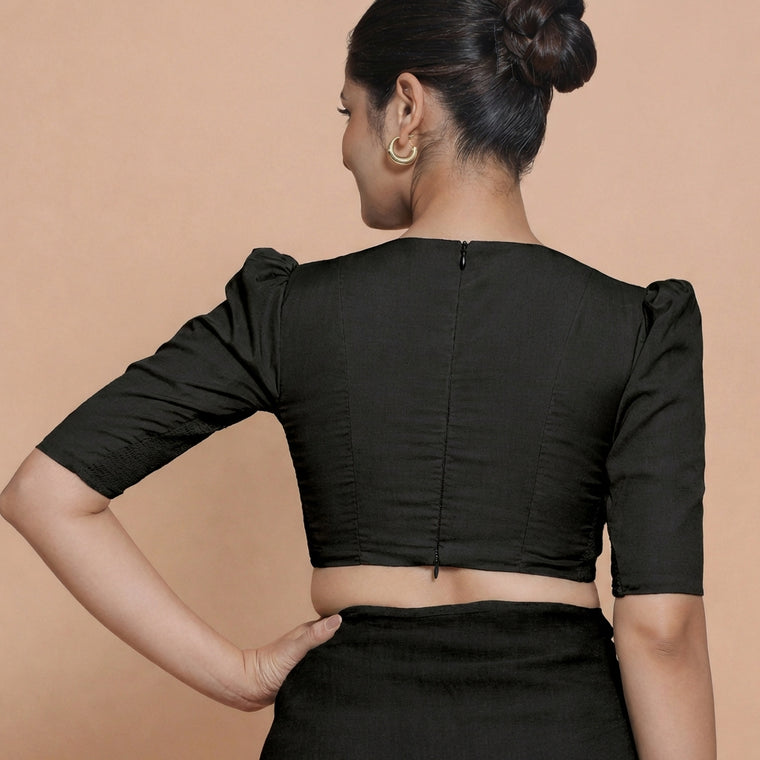 Alaya x Rozaana Saree Blouse, in Black 100% Cotton, featuring elbow sleeves and v-neckline, made for daily & work (view 2).