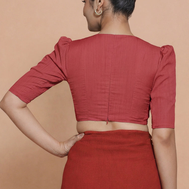 Alaya x Rozaana Saree Blouse, in Red 100% Cotton, featuring elbow sleeves and v-neckline, made for daily & work (view 2).