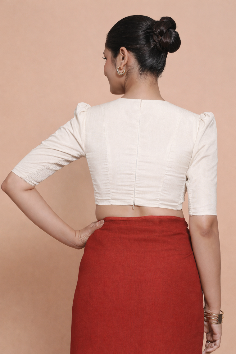 Alaya x Rozaana Saree Blouse, in White 100% Cotton, featuring elbow sleeves and v-neckline, made for daily & work (view 2).