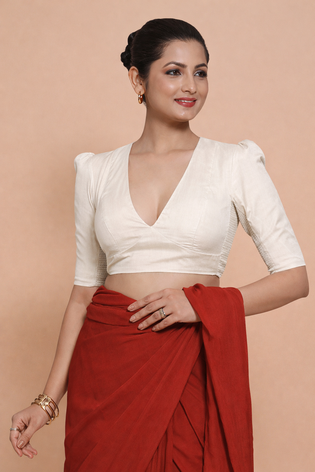 Alaya x Rozaana Saree Blouse, in White 100% Cotton, featuring elbow sleeves and v-neckline, made for daily & work (view 4).