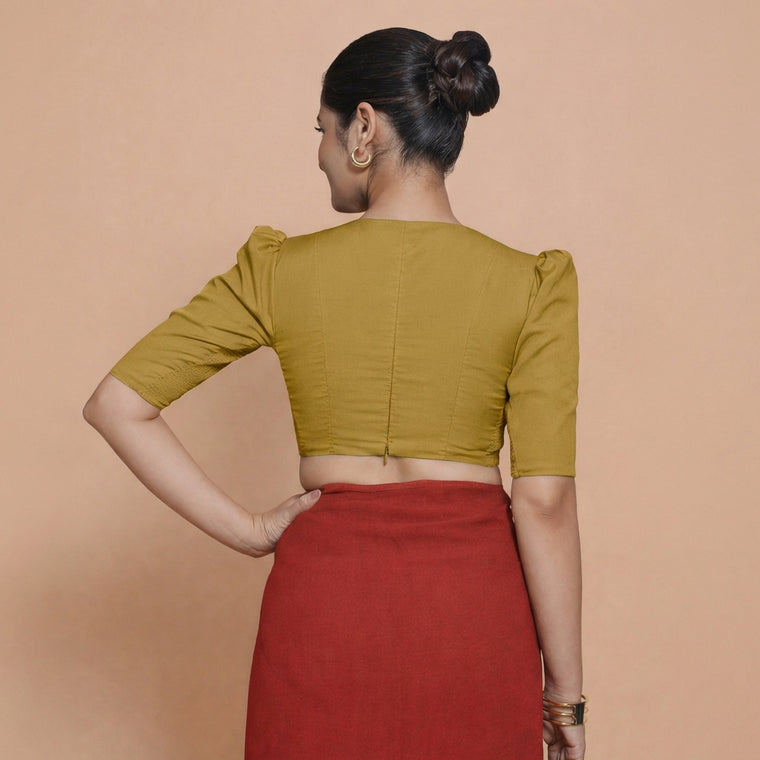 Alaya x Rozaana Saree Blouse, in Yellow 100% Cotton, featuring elbow sleeves and v-neckline, made for daily & work (view 2).