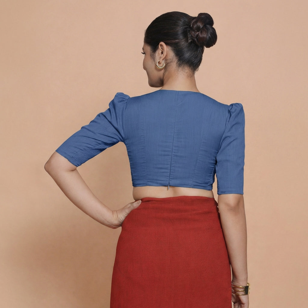 Alaya x Rozaana Saree Blouse, in Blue 100% Cotton, featuring elbow sleeves and v-neckline, made for daily & work (view 2).