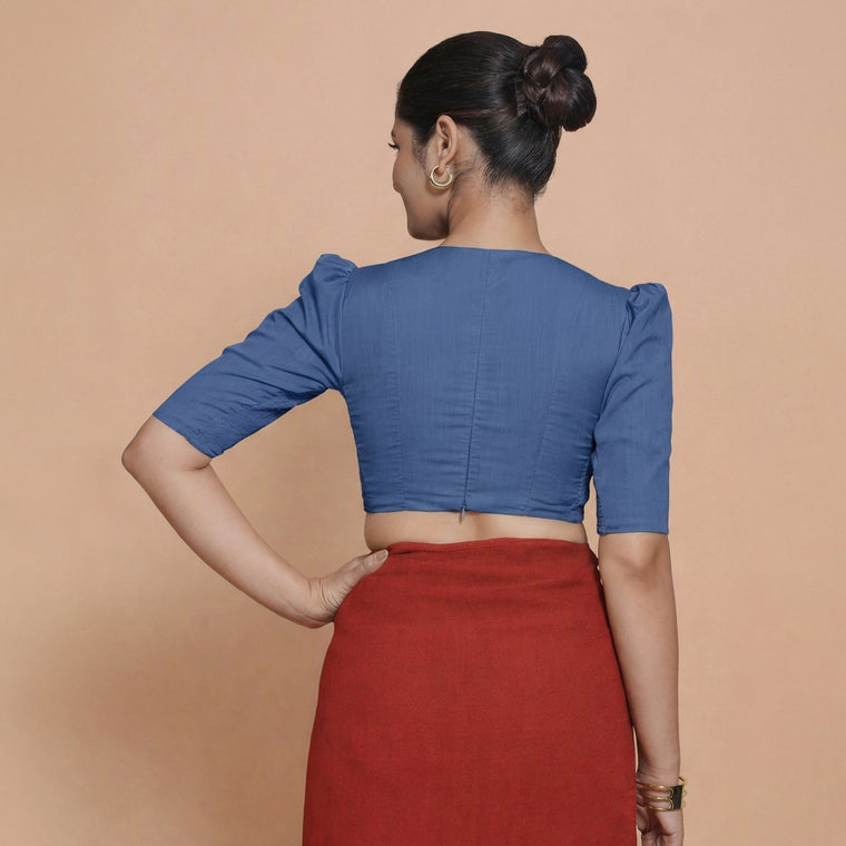 Alaya x Rozaana Saree Blouse, in Blue 100% Cotton, featuring elbow sleeves and v-neckline, made for daily & work (view 2).