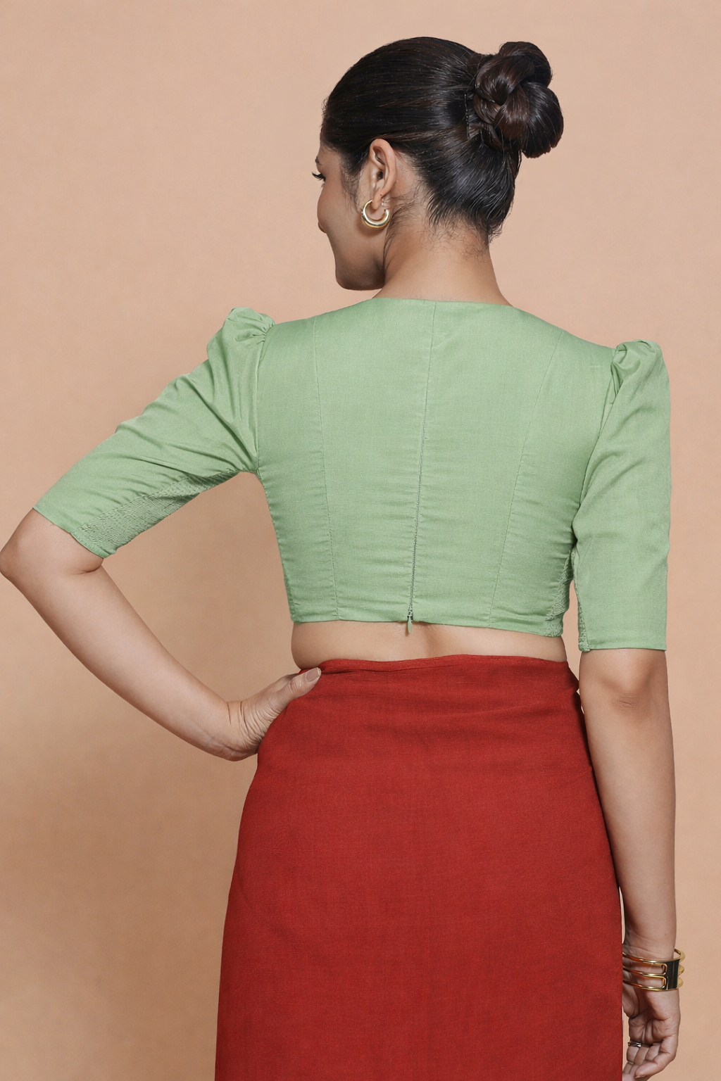 Alaya x Rozaana Saree Blouse, in Green 100% Cotton, featuring elbow sleeves and v-neckline, made for daily & work (view 2).