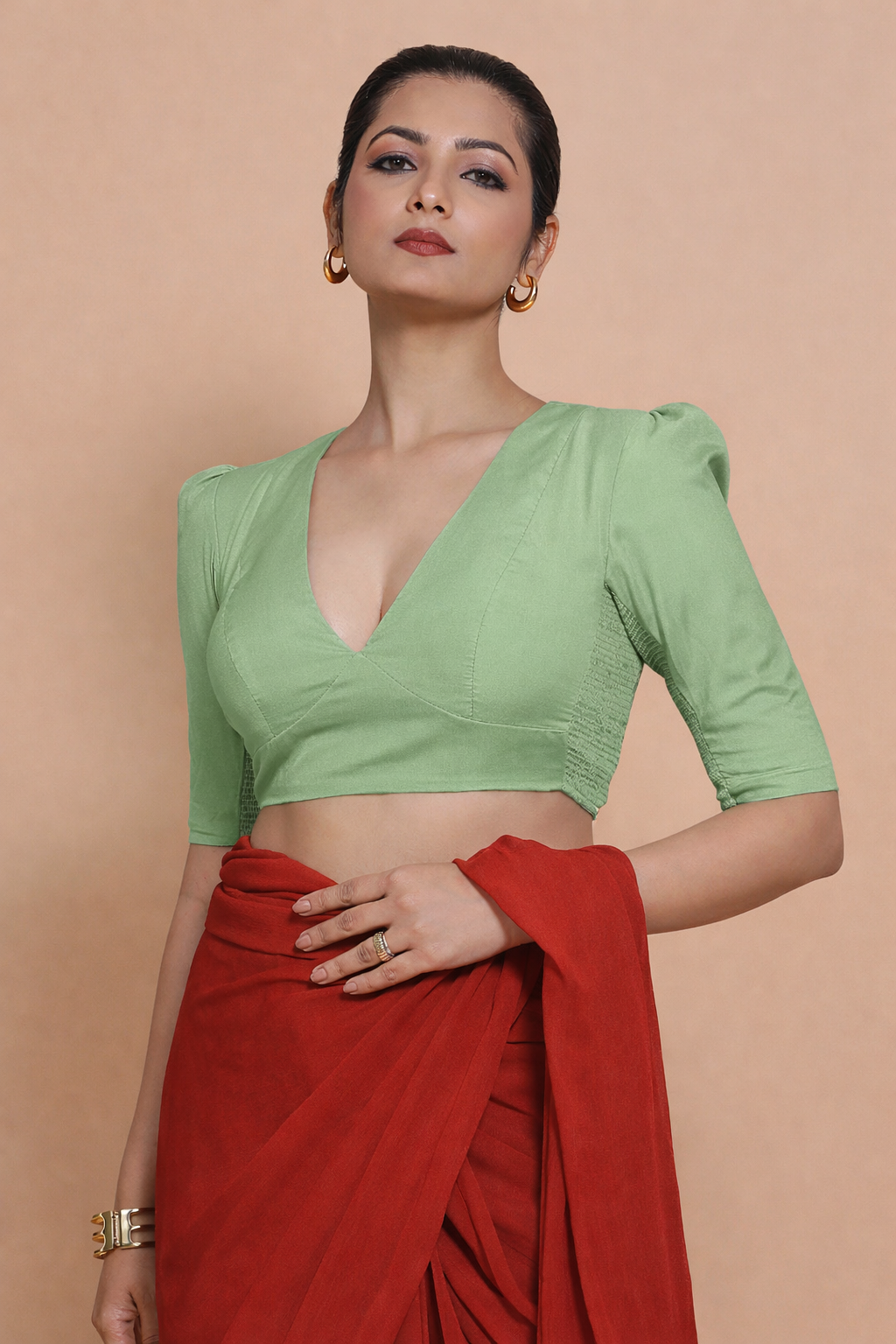 Alaya x Rozaana Saree Blouse, in Green 100% Cotton, featuring elbow sleeves and v-neckline, made for daily & work (view 7).