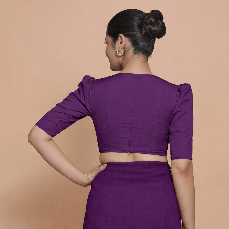 Alaya x Rozaana Saree Blouse, in Purple 100% Cotton, featuring elbow sleeves and v-neckline, made for daily & work (view 2).