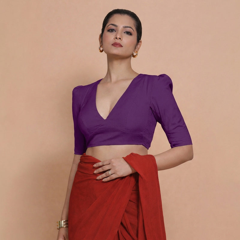 Alaya x Rozaana | Puff Sleeves Magenta Bliss Plain Cotton Saree Blouse-Binks
